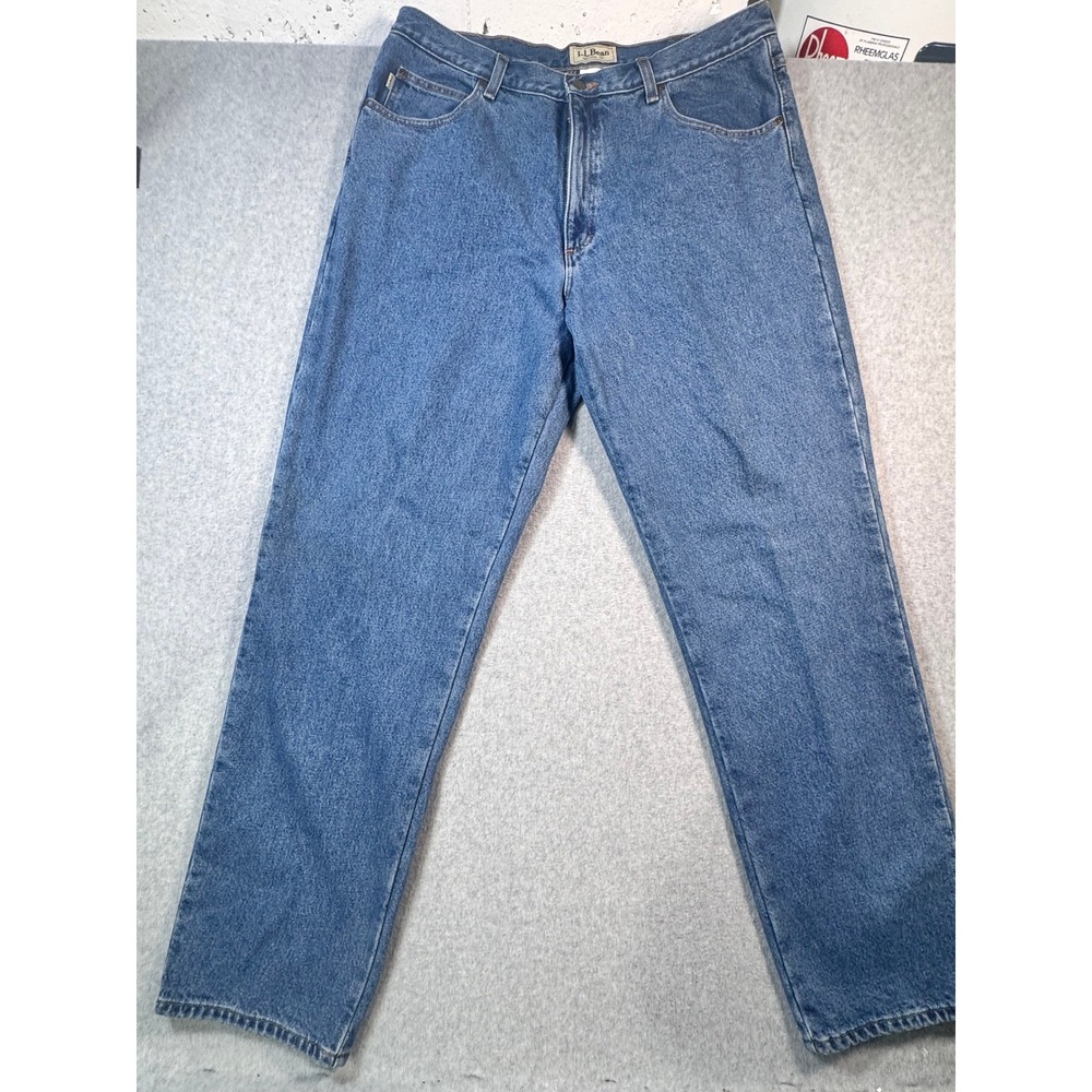 LL Bean Natural Fit Flannel Lined Jeans Mens 38x34 Blue Plaid Denim 130657